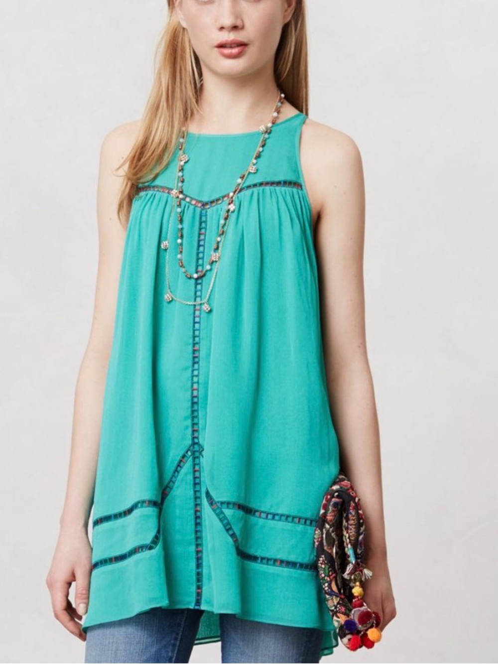 Ranna Gill Green Embroidered Trim Swing Mini Dress Size Small